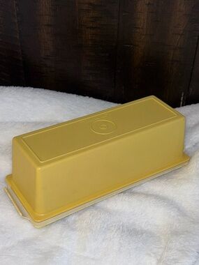 Vintage Tupperware Butter Dish Harvest Gold Top #637-2 Almond Base #636-1.